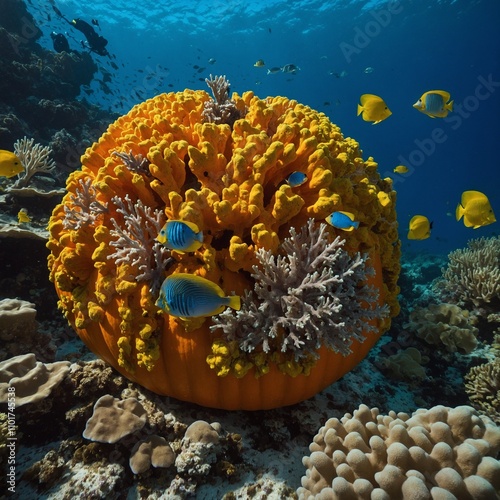 A pumpkin-shaped coral head teeming with tropical fish.

 photo