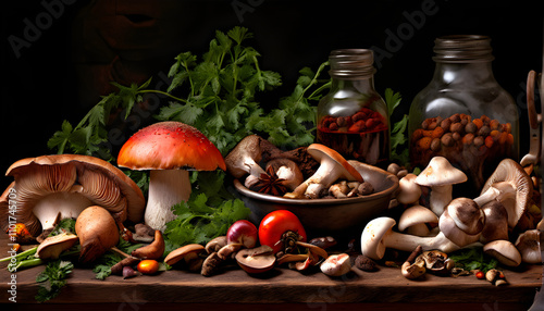 A rustic still life featuring a variety of edible mushrooms, herbs, and spices