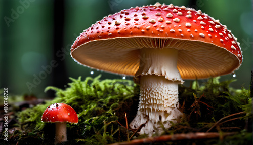 Close-up of a single red amanita mushroom surrounded by moss and morning dew