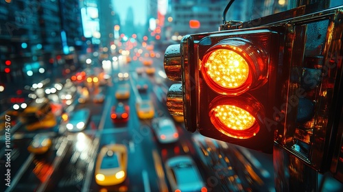 Illuminated Traffic Signal In A Rain Swept City At Night photo