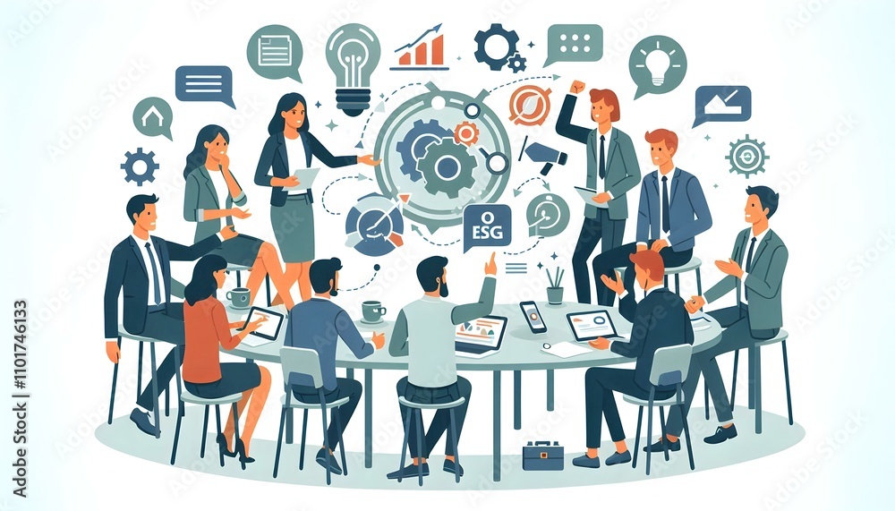 Flat Candid Group Discussion Reaching Consensus on ESG Strategies - Diverse Team Expressions Vector Illustration Flat Candid Group Discussion Reaching Consensus on ESG Strategies - Diverse Team Expressions Vector Illustration