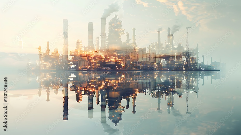 Obraz premium A hazy industrial skyline reflected in water, showcasing factories and smokestacks against a soft sunset backdrop.