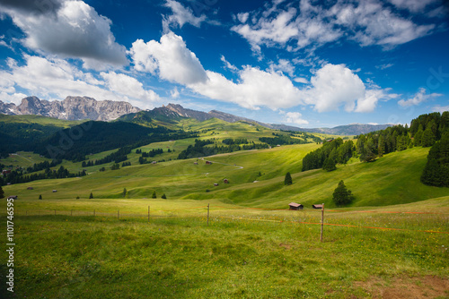 Majestic rolling hills and vibrant meadows of the Dolomites in Italy showcase summer beauty beneath a brilliant blue sky