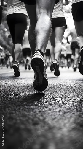 Close-up of diverse runners' legs participating in a race, showcasing movement and determination.