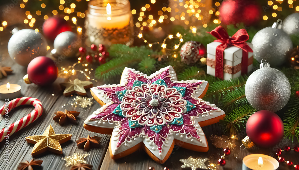 A star-shaped Christmas cookie decorated with royal icing and edible glitter, set on a festive holiday table.
A star-shaped Christmas cookie decorated with royal icing and edible glitter, set on a festive holiday table.