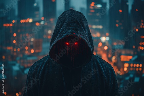 Mysterious hacker in hoodie urban cityscape digital art nighttime dark theme suspenseful vibe photo