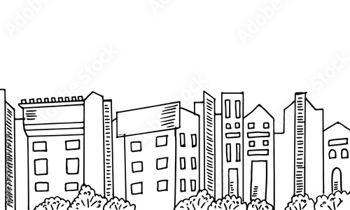 Cartoon doodle illustration black outline of a buildings city skyline.