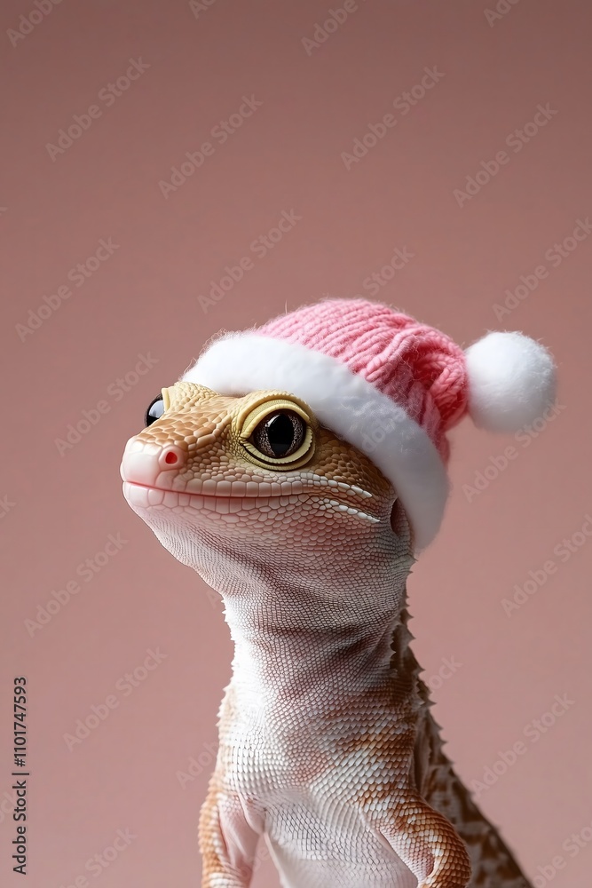 Close-up gecko with pink Santa hat on a soft pastel background