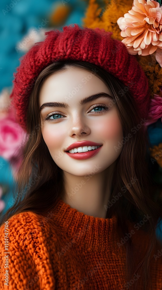 Smiling young woman with long hair in a red beanie and orange sweater surrounded by flowers. Smiling young woman with long hair in a red beanie and orange sweater surrounded by flowers.