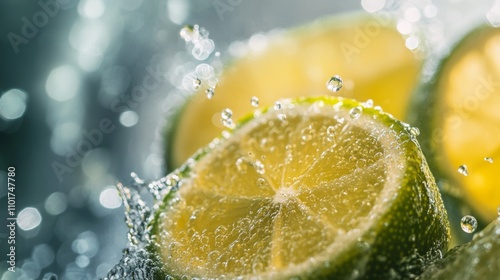 Lime slices drop into clear water, creating a dynamic splash and forming bubbles. The bright lighting enhances the freshness and vibrancy of the citrus, evoking a sense of rejuvenation