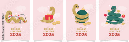 A set of Chinese New Year holiday cards with cute cartoon snakes with ornaments. Vector illustration.