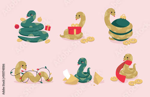 Collection of isolated cute snakes with Chinese New Year elements. Cartoon vector illustration.