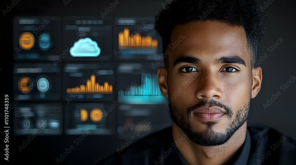 Close Up Portrait Cloud Solutions Consultant Digital Overlays Cloud Metrics Service Icons Expertise Close Up Portrait Cloud Solutions Consultant Digital Overlays Cloud Metrics Service Icons Expertise