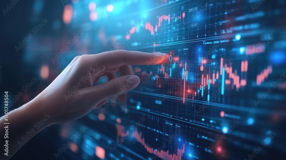 Hand Interacting with Data Visualization on Digital Screen Displaying Graphs Hand Interacting with Data Visualization on Digital Screen Displaying Graphs