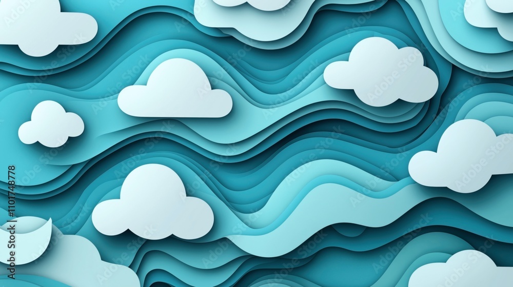 Abstract blue layered paper art background with white clouds in a wavy pattern Abstract blue layered paper art background with white clouds in a wavy pattern