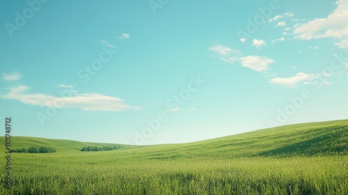 Serene Rolling Hills: A picturesque landscape of gently rolling green hills under a vibrant blue sky, evoking a sense of peace and tranquility.