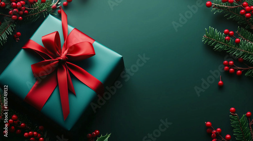 Festive Christmas gift box with red ribbon on a dark green background, flat lay top view, with copy space. New Year's present wrapped in turquoise paper and adorned with holly berries. Ideal for holid