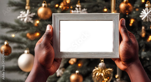 Hands holding a frame in front of a Christmas Tree