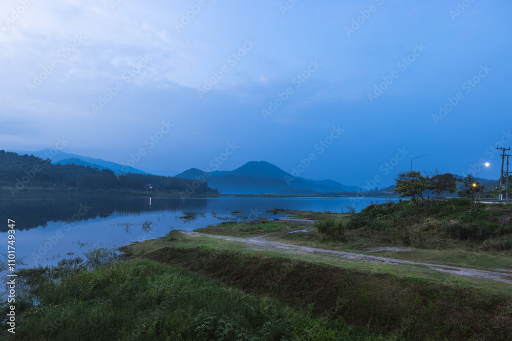 Landscape of Huai Tha Khoei Reservoir in evening at Ban Kha Ratchaburi Thailand Landscape of Huai Tha Khoei Reservoir in evening at Ban Kha Ratchaburi Thailand
