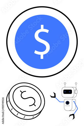 Robotic automation depicted as a friendly robot interacting with dollar sign and coin. Ideal for finance, banking, fintech, automation, digital money, economic innovation, investment. Line metaphor