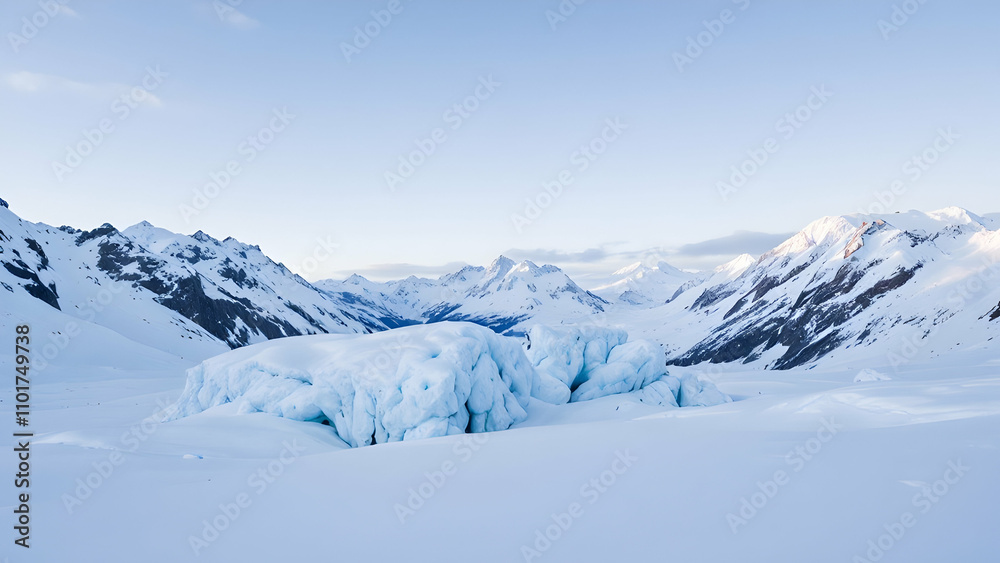 A serene landscape showcasing a glacial formation amidst snowcovered mountains under a clear, pale blue sky. The ice displays a striking blue hue. A serene landscape showcasing a glacial formation amidst snowcovered mountains under a clear, pale blue sky. The ice displays a striking blue hue.