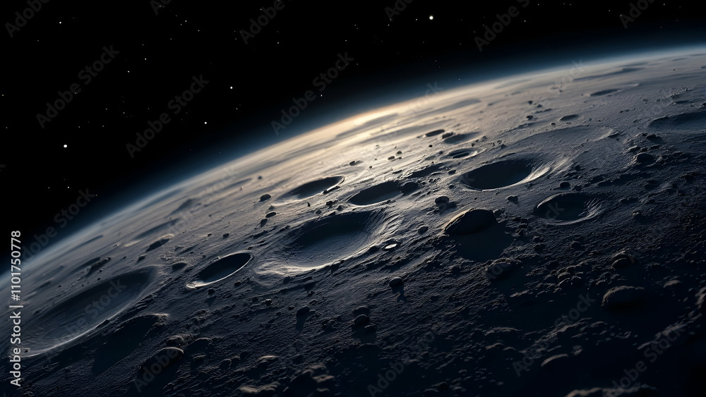 Fototapeta premium A dark, cratered lunar landscape is shown, illuminated by a distant light source. Numerous impact craters and rugged terrain are visible against the backdrop of a starry sky. The view suggests a low o