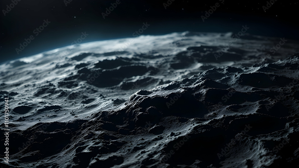 Fototapeta premium A dramatic closeup of a dark, mountainous lunar surface. Rugged terrain, craters, and shadows cast under the night sky create a mysterious, alien landscape. Stars are visible in the distance.