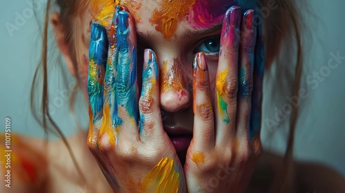 A close-up of a girl's hands covered in wet paint, her face smudged with colors.