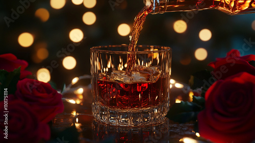 Romantic Whiskey Pour with Red Roses and Lights