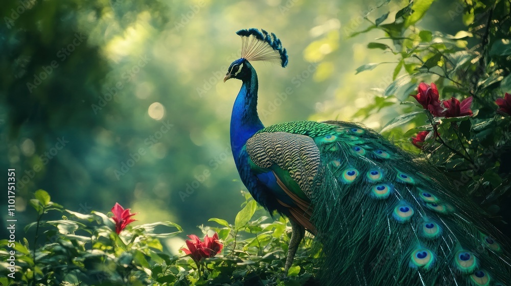 Fototapeta premium Majestic Peacock Amidst Lush Green Foliage and Flowers