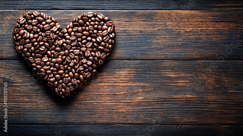 Closeup fresh roasted Arabian or aroma coffee beans on shape of heart. Organic coffee concept background. Top view, flat lay backdorp with copy space photo