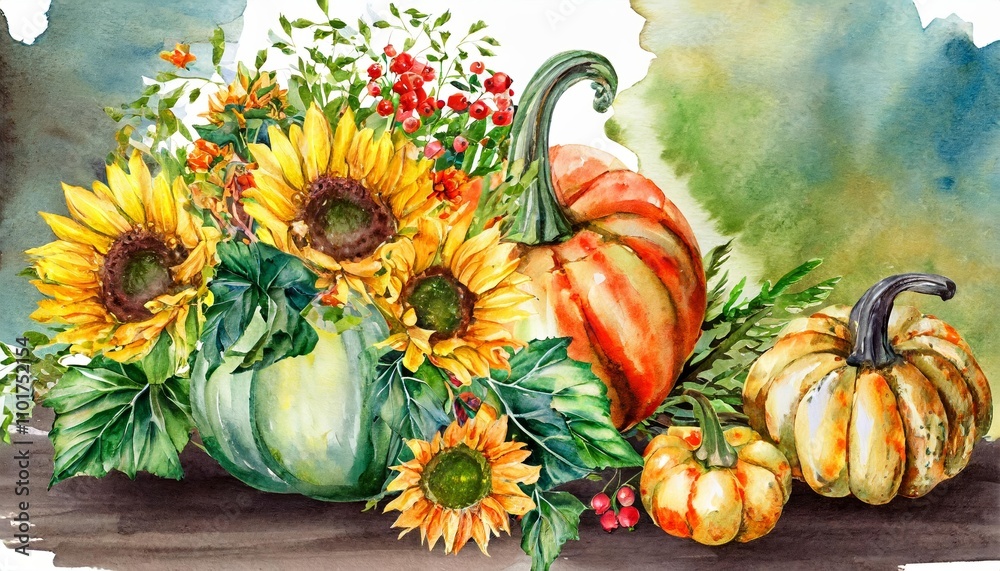 Watercolor Autumn Harvest Composition with Pumpkins, Sunflowers, and Seasonal Foliage Featuring Vibrant Colors and Delicate Details, Perfect for Fall-Themed Artwork and Seasonal Decor. Watercolor Autumn Harvest Composition with Pumpkins, Sunflowers, and Seasonal Foliage Featuring Vibrant Colors and Delicate Details, Perfect for Fall-Themed Artwork and Seasonal Decor.