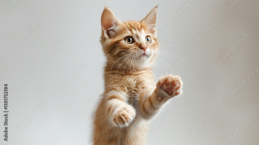 A charming cat trying to catch a laser pointer, pouncing on a white background A charming cat trying to catch a laser pointer, pouncing on a white background