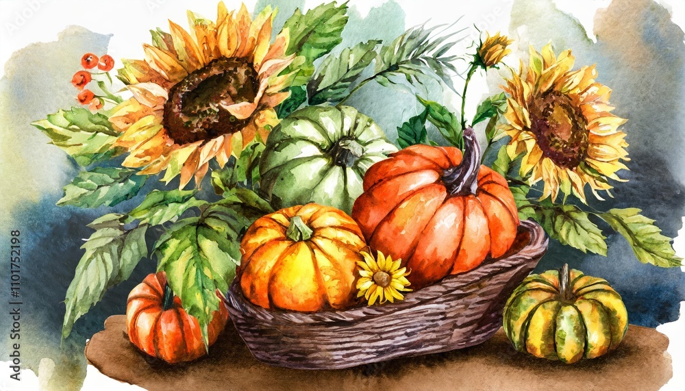 Beautifully detailed watercolor painting of an autumn harvest featuring pumpkins, vibrant sunflower blossoms, and seasonal elements in a warm composition for fall celebrations and decor. Beautifully detailed watercolor painting of an autumn harvest featuring pumpkins, vibrant sunflower blossoms, and seasonal elements in a warm composition for fall celebrations and decor.