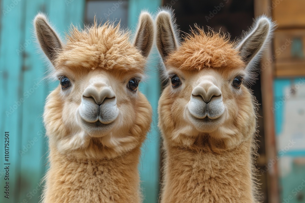 Obraz premium Close-up portrait of two shaggy brown llamas posing in a rustic outdoor setting.