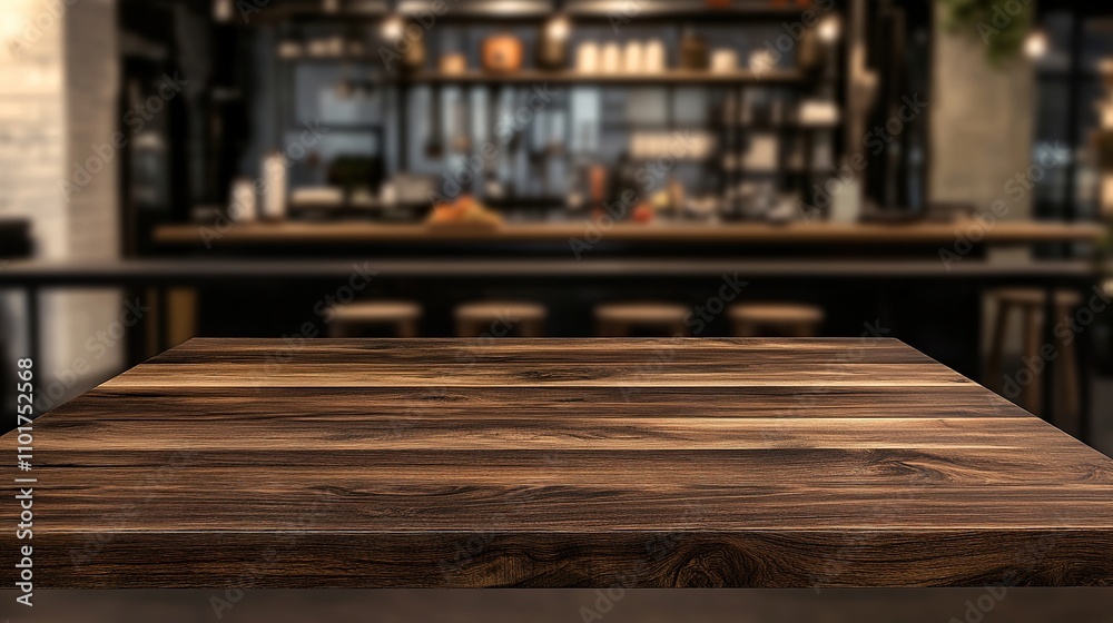 Empty Wooden Table Set Against Blurred Kitchen Background