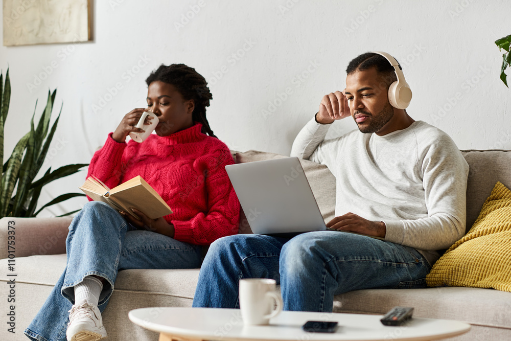 A happy couple shares a warm winter afternoon, one reading while the other works on a laptop. A happy couple shares a warm winter afternoon, one reading while the other works on a laptop.