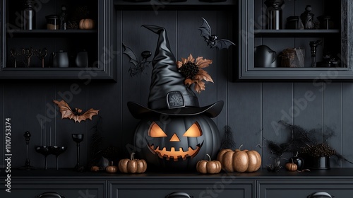 Spooky Halloween Pumpkin with Witch's Hat - 3D Rendered Scene AI Generated photo