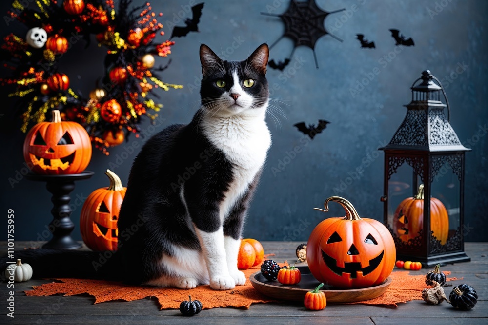 Elegant Cat Surrounded by Festive Halloween Decorations and Spooky Atmosphere Elegant Cat Surrounded by Festive Halloween Decorations and Spooky Atmosphere