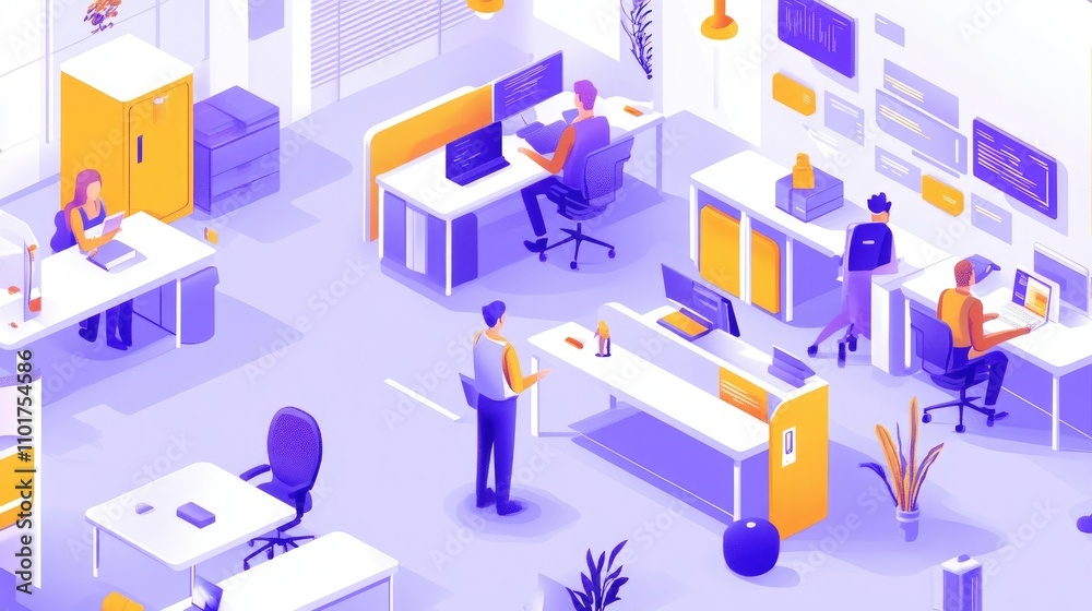 Modern Office Workspace with People Working and Collaborating
