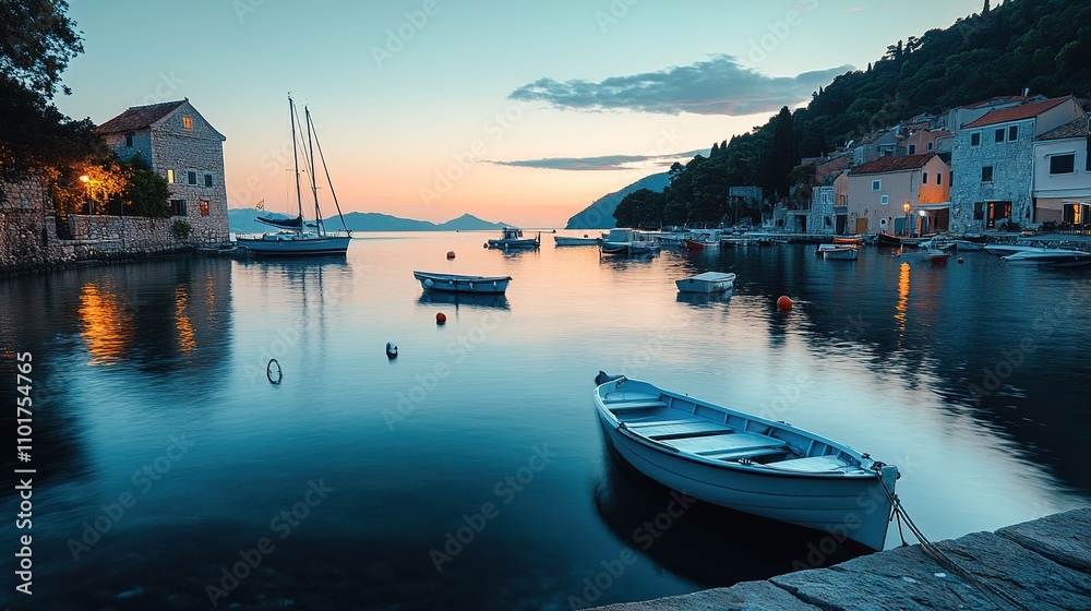 Fototapeta premium Serene Sunset in Croatian Harbor: A picturesque harbor at sunset, with calm waters reflecting the warm glow of the setting sun, and traditional stone buildings lining the shore.