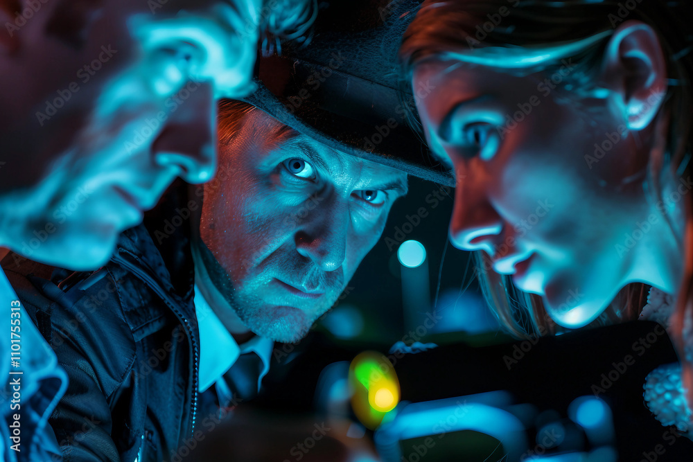 Obraz premium Detectives Inspecting Crime Scene with Intense Focus and Suspenseful Lighting, Generative AI