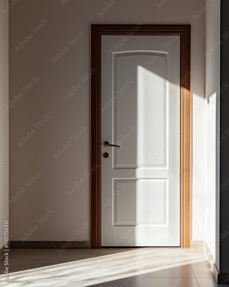 A bright, minimalistic interior featuring a white door illuminated by natural light, creating a serene and inviting atmosphere. A bright, minimalistic interior featuring a white door illuminated by natural light, creating a serene and inviting atmosphere.