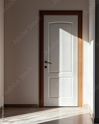 A bright, minimalistic interior featuring a white door illuminated by natural light, creating a serene and inviting atmosphere.