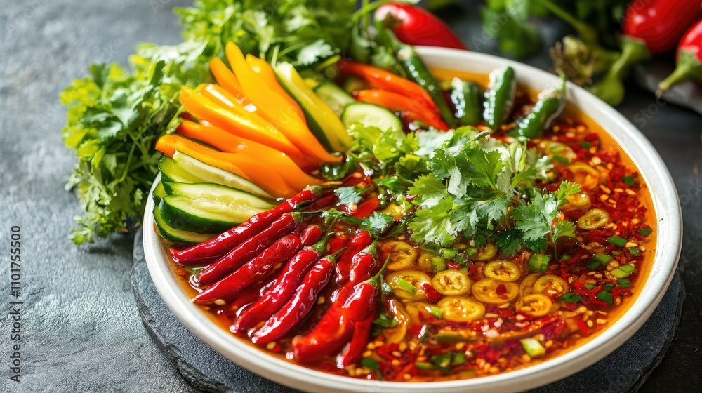 A colorful arrangement of chili slices in fish sauce, served with fresh herbs and vegetables. A colorful arrangement of chili slices in fish sauce, served with fresh herbs and vegetables.