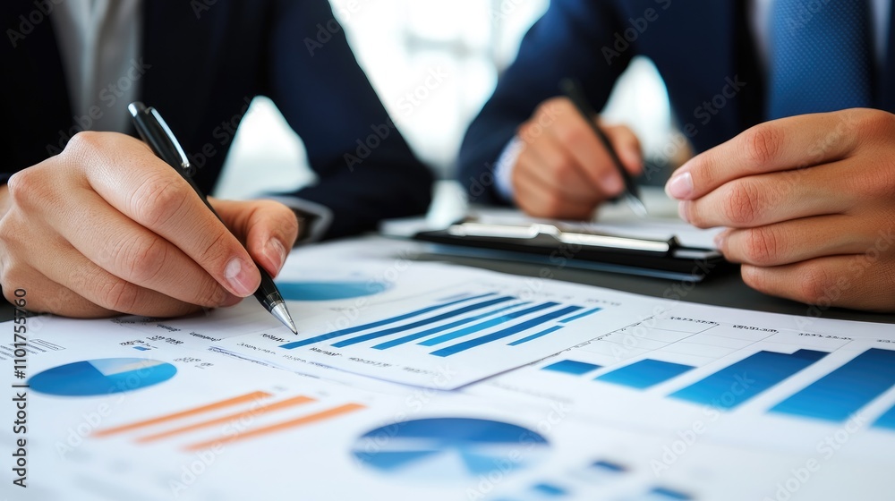 Business Meeting Analyzing Financial Reports with Charts and Graphs Business Meeting Analyzing Financial Reports with Charts and Graphs