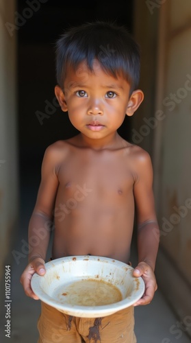 Child From a Developing Country Holds an Empty Bowl, Reflecting Malnutrition and Hardship. Generative AI photo
