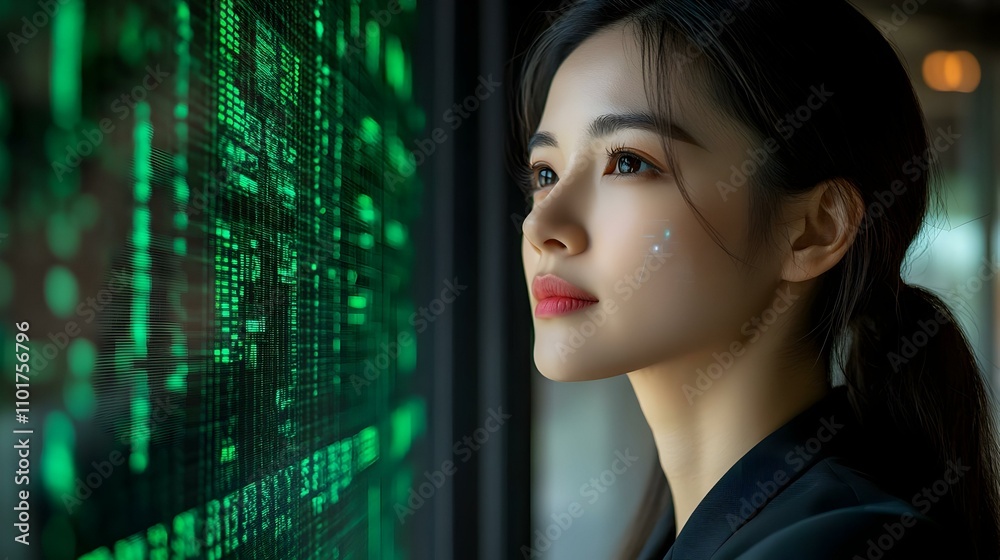 Obraz premium Businesswoman Analyzing AI Green Supply Chain Data Macro Close Up for Sustainable Optimization