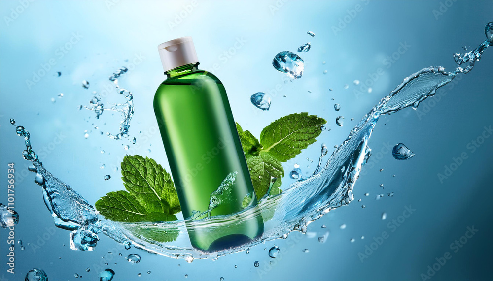 Menthol shampoo bottle with corona water splash and mint leaves Realistic