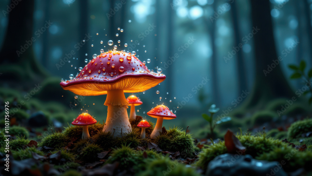 Fototapeta premium Mysterious muscimol mushrooms glow brightly against a dark forest backdrop with dripping water droplets.